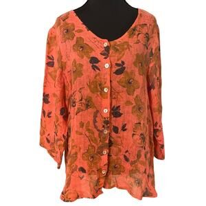 Habitat 100% Linen Pink Coral Floral Button Front Tunic Top Med Artsy Lagenlook